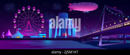 Fond de concept urbain vectoriel avec ville de nuit illuminée par des lumières au néon. Paysage urbain festif avec bâtiments modernes, gratte-ciel, divertissement Illustration de Vecteur
