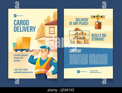 Service de livraison de fret, brochure de publicité de compagnie postale ou modèle de page de vecteur de circulaire avec coursier souriant heureux, camion à la maison porche et Illustration de Vecteur