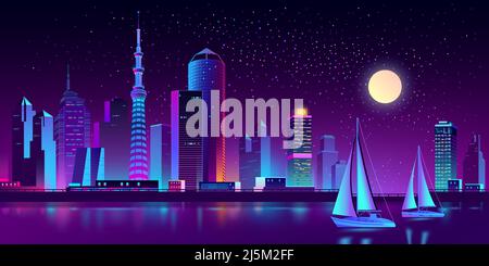 Vecteur moderne megapolis sur la rivière la nuit. Yachts lumineux et baie, bateaux sur l'eau, bâtiments violets lumineux sur l'arrière-plan. Gratte-ciels urbains Illustration de Vecteur