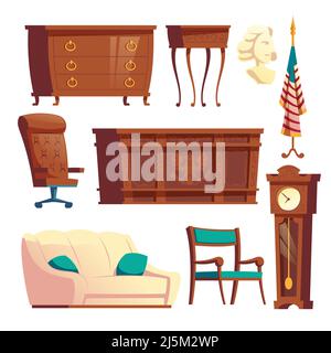 Maison blanche ovale bureau mobilier en bois dessin animé vecteur ensemble isolé sur fond blanc. Les présidents des États-Unis résident lieu de travail, cabine officielle Illustration de Vecteur