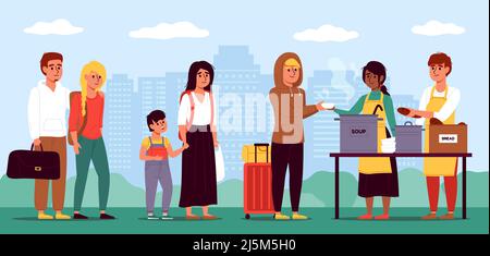 Les sans-abri de la file d'attente Aide humanitaire aux migrants, point de distribution alimentaire, bénévoles aident les réfugiés, les gens, les hommes et les femmes avec des enfants Illustration de Vecteur