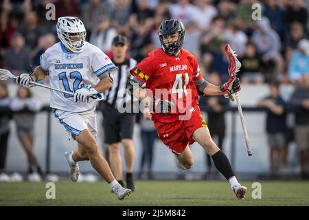 23 avril 2022: Jack Brennan, milieu de terrain du Maryland (41) et Brett Martin, défenseur/milieu de terrain de Johns Hopkins (12) pendant la finale de la saison régulière de crosse des hommes de la ncaa entre les terrapins du Maryland et les John Hopkins Blue Jays au Homewood Field à Baltimore, Maryland photographe : Cory Royster Banque D'Images