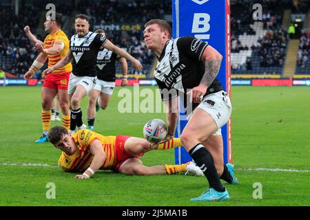 Hull, Royaume-Uni. 24th avril 2022. Jordan Lane #13 de Hull FC fête son essai et fait le score 4-0 à Hull, Royaume-Uni le 4/24/2022. (Photo de James Heaton/News Images/Sipa USA) crédit: SIPA USA/Alay Live News Banque D'Images