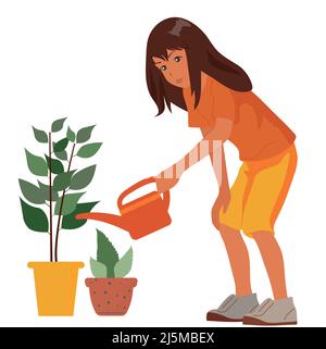 Fille arrosage plantes d'intérieur.Ecologie et protection de l'environnement.Vector,isolé. Illustration de Vecteur