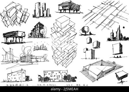 beaucoup d'esquisses architecturales dessinées à la main d'une architecture moderne abstraite fantastique et des idées urbaines, des bâtiments et des personnes Banque D'Images