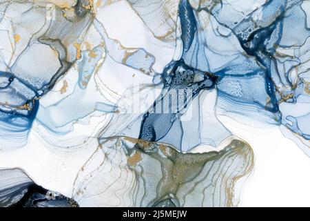 Vagues dorées. Image abstraite riche et lumineuse. Luxe abstrait fluide art peinture alcool encre. Arrière-plan bleu glace or scintille. Une très belle Banque D'Images