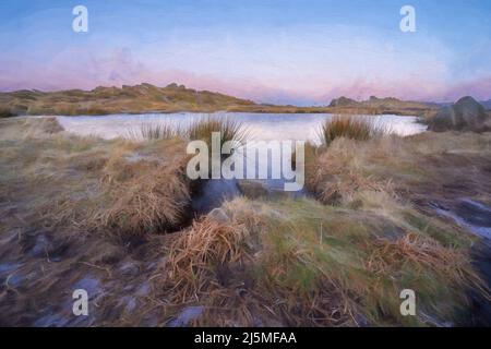 Paysage rural. Peinture à l'huile numérique de beaux-arts du lever du soleil à la piscine Doxey sur les cafards, dans le parc national du Staffordshire Peak District. Banque D'Images