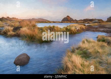 Beaux-arts, œuvres d'art. Peinture numérique à l'huile du lever du soleil à la piscine Doxey sur les cafards, dans le parc national du Staffordshire Peak District. Banque D'Images