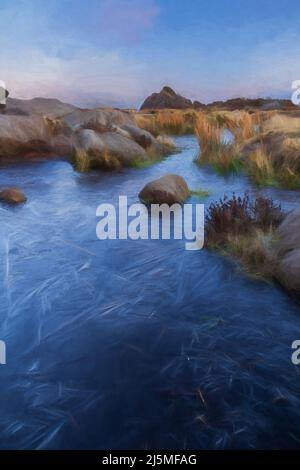 Beaux-arts, œuvres d'art. Peinture numérique à l'huile du lever du soleil à la piscine Doxey sur les cafards, dans le parc national du Staffordshire Peak District. Banque D'Images