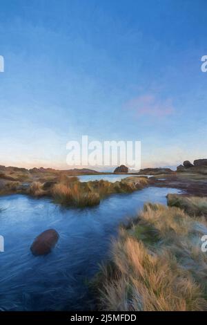 Paysage rural. Peinture à l'huile numérique de beaux-arts du lever du soleil à la piscine Doxey sur les cafards, dans le parc national du Staffordshire Peak District. Banque D'Images