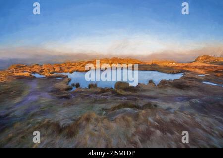 Paysage rural. Peinture à l'huile numérique de beaux-arts du lever du soleil à la piscine Doxey sur les cafards, dans le parc national du Staffordshire Peak District. Banque D'Images