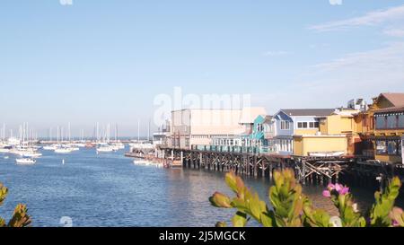 Maisons en bois colorées sur des pieux ou des piliers, baie océanique ou port, eau de mer. Old Fisherman's Wharf. Yachts, bateaux à voile à Monterey Marina, côte de Californie Etats-Unis. Promenade touristique en bord de mer, fleurs. Banque D'Images