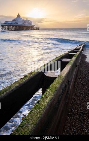 Vue sur la jetée du Palais au lever du soleil. Brighton, East Sussex, sud de l'Angleterre, Royaume-Uni. Banque D'Images