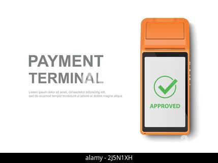 Machine de paiement mobile Vector Realistic 3D OrangeTouch. Gros plan du terminal POS isolé sur blanc. Modèle de conception de paiement bancaire sans fil sans contact Illustration de Vecteur