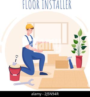 Illustration du dessin de l'installation au sol avec un réparateur, pose de parquet professionnel, de bois ou de carrelage dans le design de rénovation du plancher de la maison Illustration de Vecteur