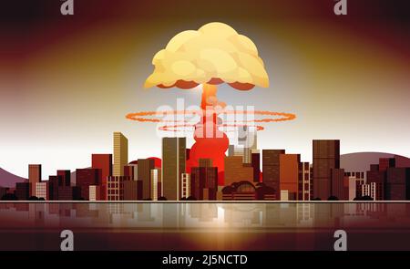 explosion nucléaire une boule de feu montante de champignon atomique nuage dans la ville apocalipce détonation dangereuse destruction arrêter la guerre Illustration de Vecteur