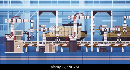 réservoirs sur la ligne de convoyeur d'assemblage avec bras robotisés transport de bataille spécial équipement militaire production de véhicule Illustration de Vecteur