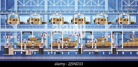 Le transport de personnel blindé APC et les chars sur la ligne de convoyeur d'assemblage avec des bras robotisés transport spécial de bataille de production d'équipement militaire Illustration de Vecteur