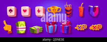 Icônes de jeu, cartes de jeu de dessins animés, coupe d'or, dynamite, boîte-cadeau et xp, doigt de pointage, pile d'argent et éléments magnétiques pour casino en ligne, jeu ou interface utilisateur d'application mobile, illustration vectorielle, ensemble Illustration de Vecteur