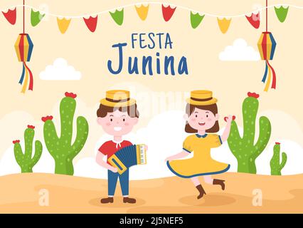 Festa Junina ou Sao Joao Celebration Cartoon Illustration rendue très animée par le chant, danse Samba et jouer aux Jeux traditionnels viennent du Brésil Illustration de Vecteur