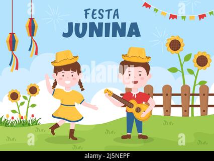 Festa Junina ou Sao Joao Celebration Cartoon Illustration rendue très animée par le chant, danse Samba et jouer aux Jeux traditionnels viennent du Brésil Illustration de Vecteur