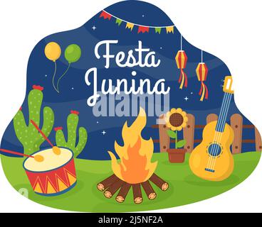 Festa Junina ou Sao Joao Celebration Cartoon Illustration rendue très animée par le chant, danse Samba et jouer aux Jeux traditionnels viennent du Brésil Illustration de Vecteur