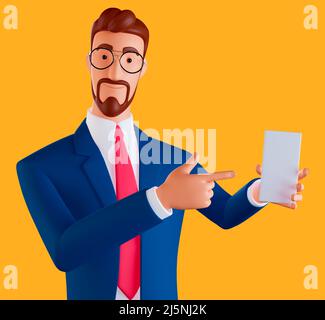 3D illustration d'un homme souriant avec une annonce d'application mobile. Beau homme montrant le pointeur sur un écran vide blanc de smartphone. Découvrez-le, Cell Banque D'Images