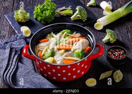 soupe de printemps au poulet avec brocoli, carottes, panais, poireaux et pâtes en pot rouge sur table en bois sombre avec ingrédients sur fond, vue horizontale fr Banque D'Images