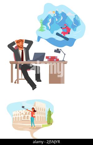 Jeune homme d'affaires assis sur le lieu de travail et rêvant de vacances Illustration de Vecteur