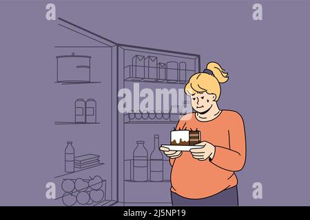 Femme gras tenant un morceau de gâteau pensant à manger des sucreries. Les femmes obèses près du réfrigérateur ouvert trop manger souffrent de poids et de problème de dépendance. Régime alimentaire et mode de vie sain. Illustration vectorielle. Illustration de Vecteur