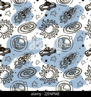 Modèle sans couture de roquettes, de planètes, de comètes, d'astéroïdes et d'étoiles. Vecteur de style dessin animé. Trou noir. Étoiles du soleil. Système solaire sur blanc avec taches b Illustration de Vecteur