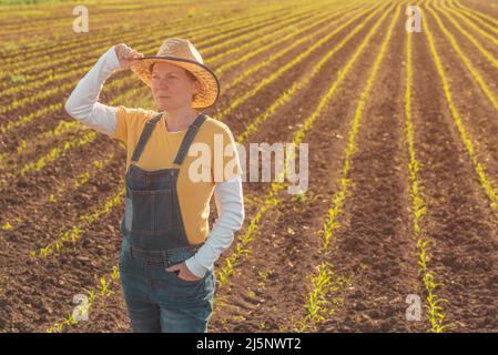 Portrait d'une cultivateur de maïs femelle dans un champ de maïs cultivé portant un chapeau de paille et un Jean salopette et se tenant parmi les jeunes plants de cultures Banque D'Images