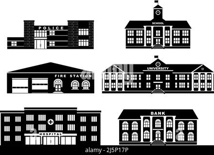 Illustration de la silhouette différentes variantes de bâtiment dans un style plat. Caserne de pompiers, service de police, école, université, banque et hôpital. Illustration de Vecteur