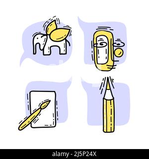Définir les pictogrammes conceptuels du symbole créatif de l'illustration en bleu et jaune. Crayon, papier et pinceau, art Illustration de Vecteur