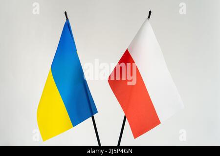 Drapeaux d'Etat de l'Ukraine et de la Pologne sur fond blanc. Coopération et aide dans le concept de conflit de guerre Banque D'Images