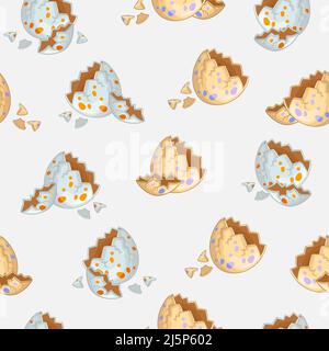 Motif sans couture avec œufs de dinosaure fendus et coquilles à craquelures de style dessin animé isolées sur fond gris. Illustration vectorielle. Pour l'impression, le design, wal Illustration de Vecteur
