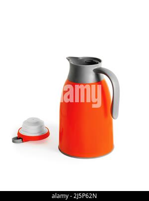 Thermos orange ouverts. Gros plan. Isolé sur fond blanc. Banque D'Images