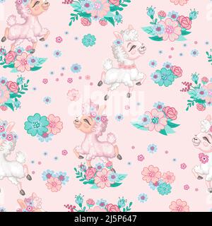 Motif vectoriel sans couture avec joli lama heureux et fleurs isolées sur fond rose. Illustration vectorielle de dessin animé. Pour le design, le linge de maison, le papier peint, la déco Illustration de Vecteur