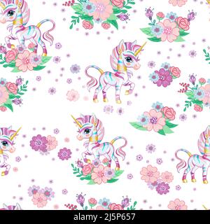 Motif vectoriel sans couture avec zèbre arc-en-ciel mignon et fleurs isolées sur fond rose. Illustration vectorielle de dessin animé. Pour le design, le linge, le papier peint Illustration de Vecteur