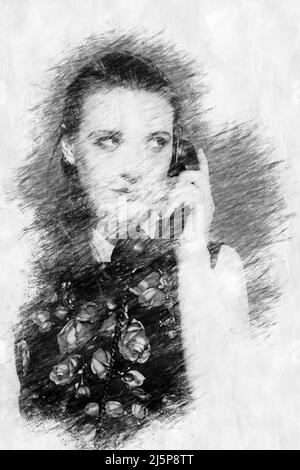 portrait d'une jeune femme parlant sur un téléphone d'époque avec un style de dessin au crayon Banque D'Images