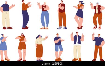 Les gens pointent. Pointant vers la direction, l'homme a pointé quelque chose. Femme d'affaires et aînés, les personnages heureux de travail doigt vers le haut, kicky vecteur gestes personne Illustration de Vecteur