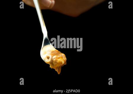 Photo macro d'une cuillère à dessert avec crème glacée au caramel devant un fond noir avec espace de copie. Banque D'Images
