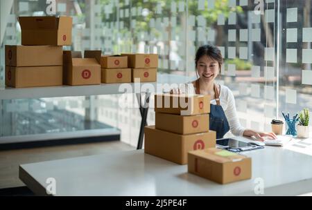 Débutant entrepreneur indépendant de petite entreprise, Portrait jeune femme travaillant à domicile, BOÎTE, smartphone, ordinateur portable, en ligne, marketing, emballage Banque D'Images