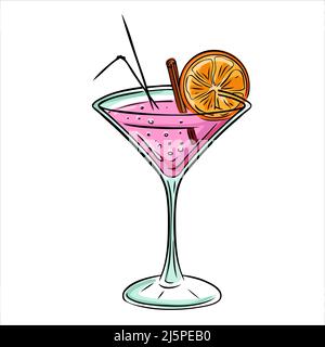 Boisson alcoolisée d'été avec de l'orange et de la liqueur. Élégant cocktail rose dessiné à la main Illustration de Vecteur