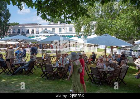 Vous pourrez dîner au Phyllis court Club, Henley-on-Thames, Oxfordshire, Royaume-Uni, pendant la régate de Henley. Phyllis court est en face de l'enceinte des stewards Banque D'Images