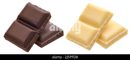 Morceaux de chocolat au lait noir et blanc isolés, pleine profondeur de champ Banque D'Images