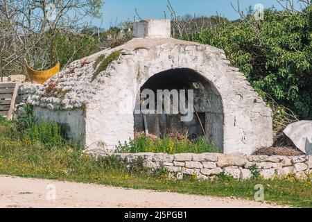 Beau blanc traditionnel vieux four ou cheminée en pierre dans la campagne dans la région de Puglia, Italie avec mur de pierre sèche et la nature autour Banque D'Images