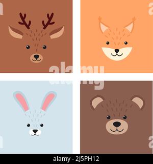 Jolis visages d'animaux simples. Cerf, écureuil, lièvre, ours. Illustration vectorielle Illustration de Vecteur