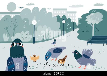 Pigeons dans le parc. Des colombes de rue mignonnes et des grains de péchage. Oiseaux de ville en train de manger des graines. Banc urbain, lanternes et arbres. Nourrir les animaux volants à plumes Illustration de Vecteur