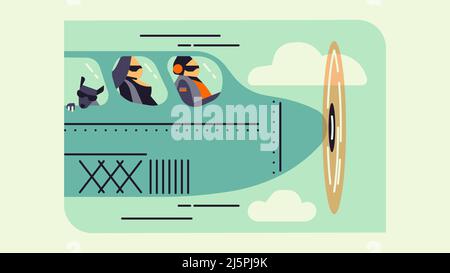 Nez d'avion, hélice, pilote et passager, dessin animé de style icône plate minimaliste. Chien dans la fenêtre - voyager avec l'animal. Illustration de Vecteur